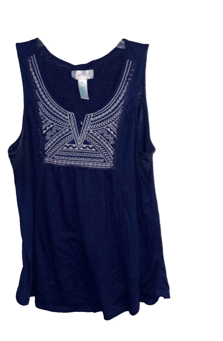 Just Be Embroidered Tank Top Women L Navy Blue White Tassel Slub Knit Boho Shirt